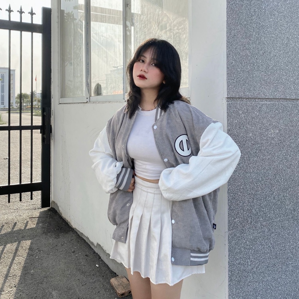 Áo Khoác Varsity Jacket Corduroy màu xám bomber bóng chày basic nam nữ form rộng Local Brand ONTOP