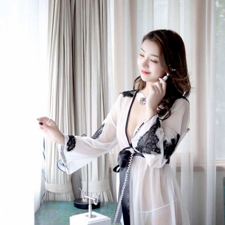 Áo choàng xuyên thấu sexy váy ngủ kiểu choàng kimono tay dài phối ren gợi cảm