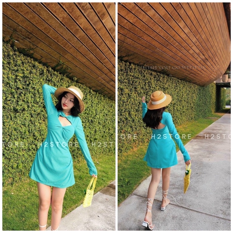 Đầm xoè tay dài xoắn ngực