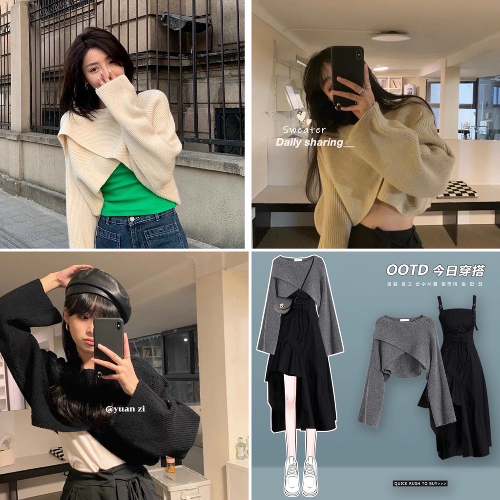 Áo len chéo vạt dáng croptop tay dài mặc kết hợp quần hay váy đều đẹp
