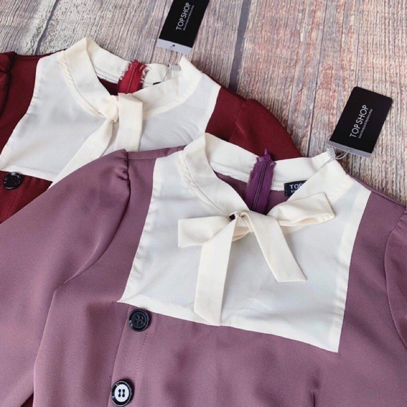 Váy phối dáng xoè - Đầm công sở nữ cổ nơ phối màu Junnie Closet | BigBuy360 - bigbuy360.vn