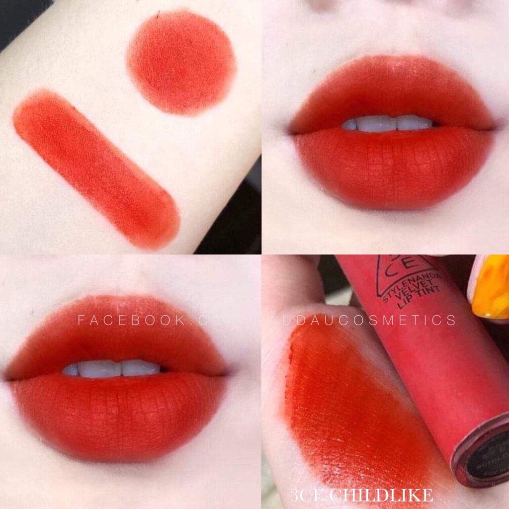 Son 3CE kem màu đỏ cam velvet tint chilike