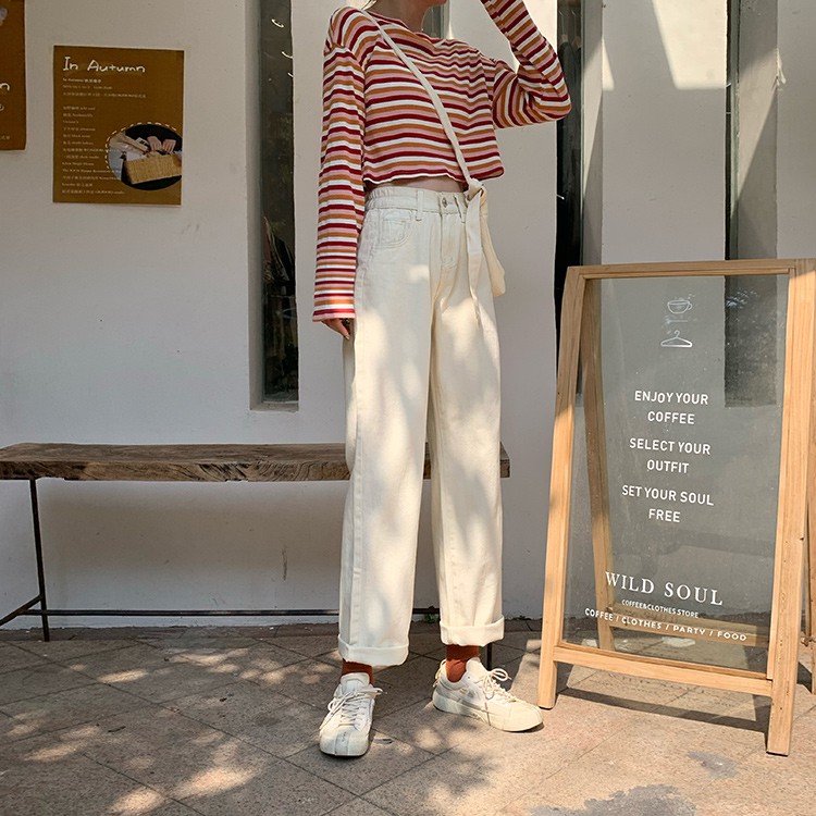 Quần Dài Lưng Cao Xiaozhainv Ống Rộng Co Giãn Tốt Phong Cách Hàn Quốc Dễ Phối Đồ