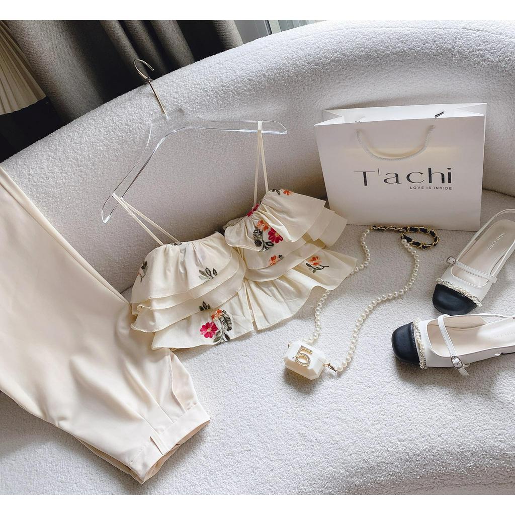 SET ÁO 2 DÂY THÊU HOA BÈO TẦNG + QUẦN NUDE XẾP EO