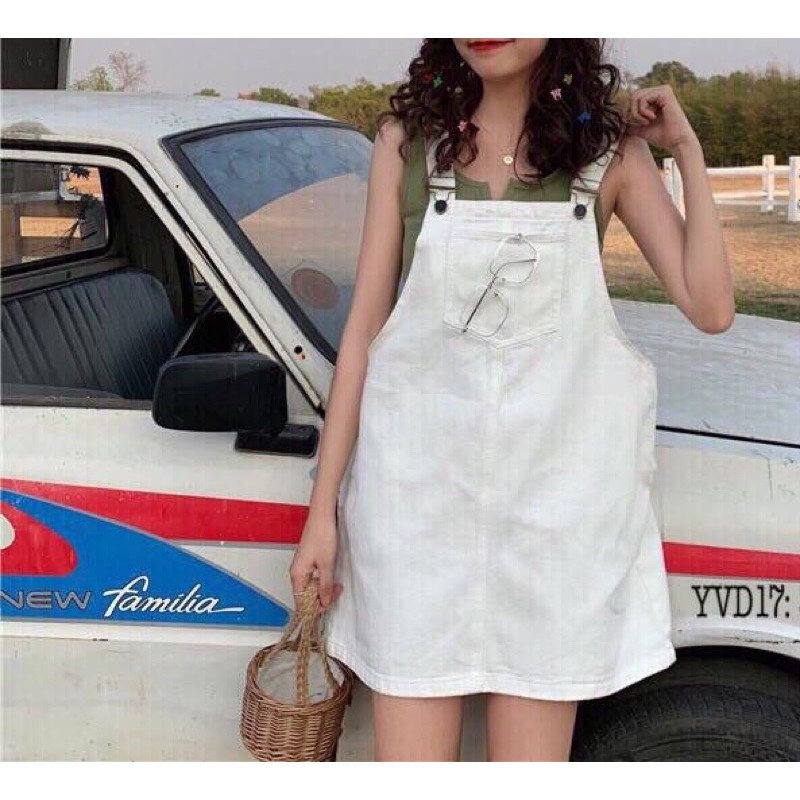 Váy yếm jean giãn TRẮNG 55-80kg