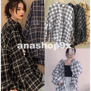 Áo sơ mi nam nữ tay phồng kẻ ô freesize/ Áo sơ mi unisex form rộng ulzzang anashop9x