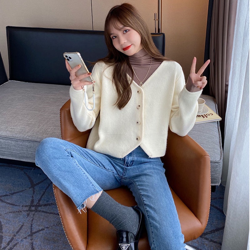 Áo Khoác cardigan Dệt Kim Dáng Rộng Cổ Chữ v Thiết Kế Mới Thời Trang Theo Phong Cách Hàn Quốc Cho Nữ