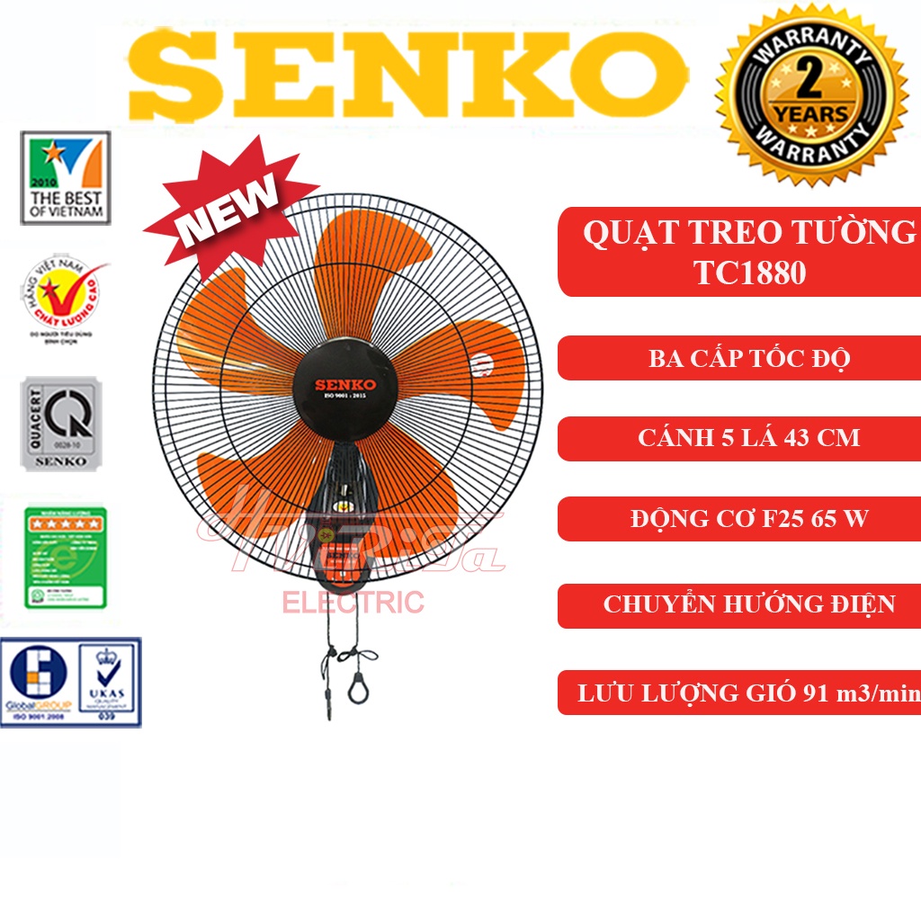[HỎA TỐC] Quạt treo tường Senko TC1880 có 2 dây [ Hàng chính hãng - Bảo hành 12 tháng ]