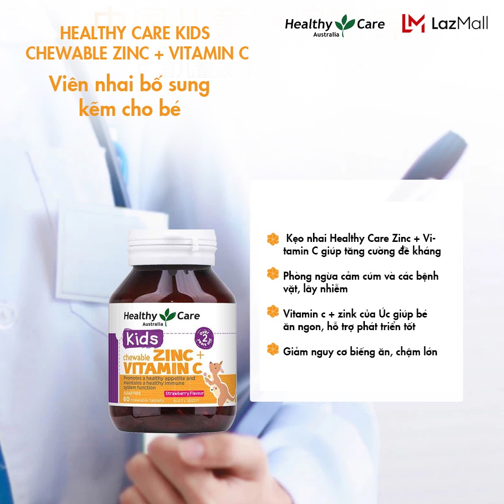 Viên nhai bổ sung kẽm vitamin c cho bé healthy care kids 60 viên Úc