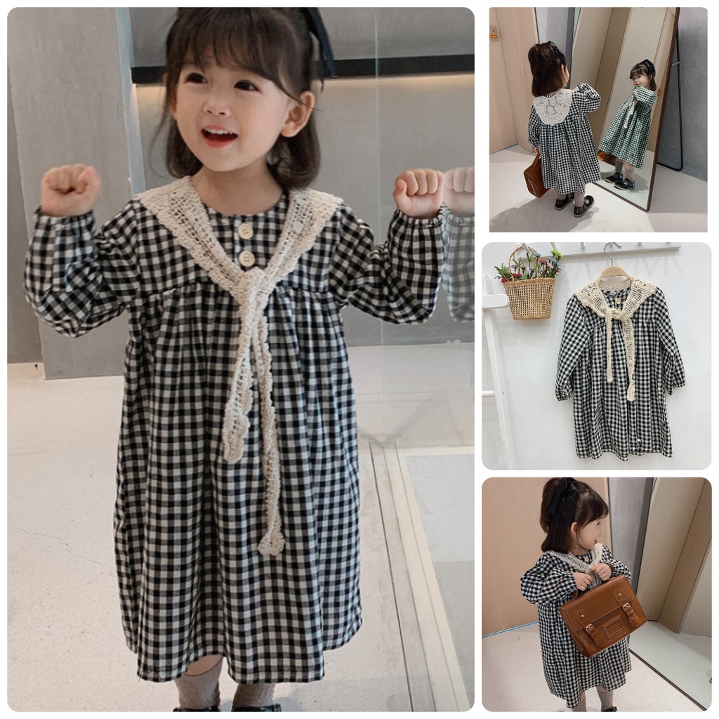 VL39 Size90-130 (9-28kg) Váy đầm bé gái (Đầm vintage vải thô kèm khăn) Thời trang trẻ Em hàng quảng châu