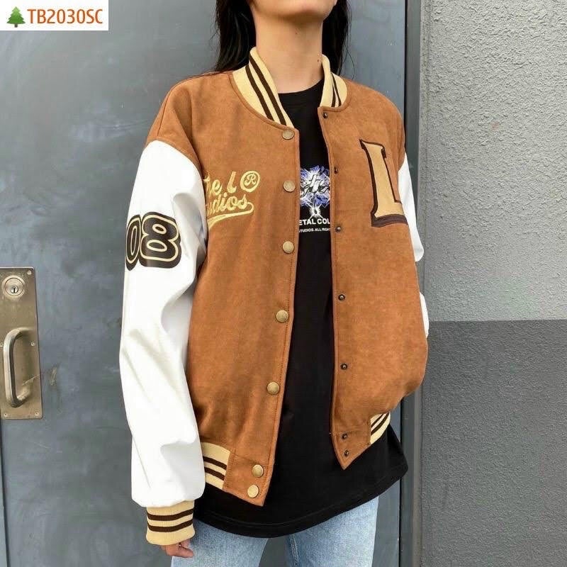 Áo khoác bóng chày bomber da lộn dạ 2 lớp L unisex ulzzang nam nữ