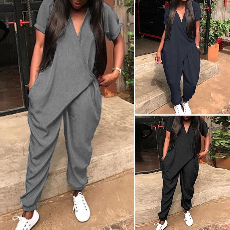 *Women Baggy V-Neck Casual Solid Color Retro Jumpsuits*