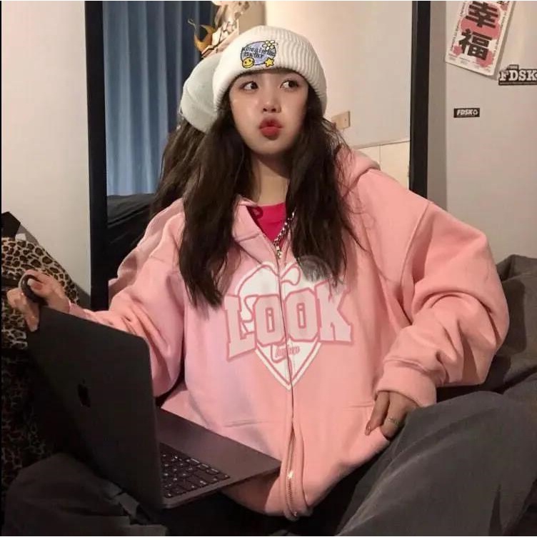 Khoác Nỉ Hoodie Hồng Nam Nữ Chữ Look Form Rộng Mũ To Tay Bồng Chất Đẹp Unisex Basic Uzzlang