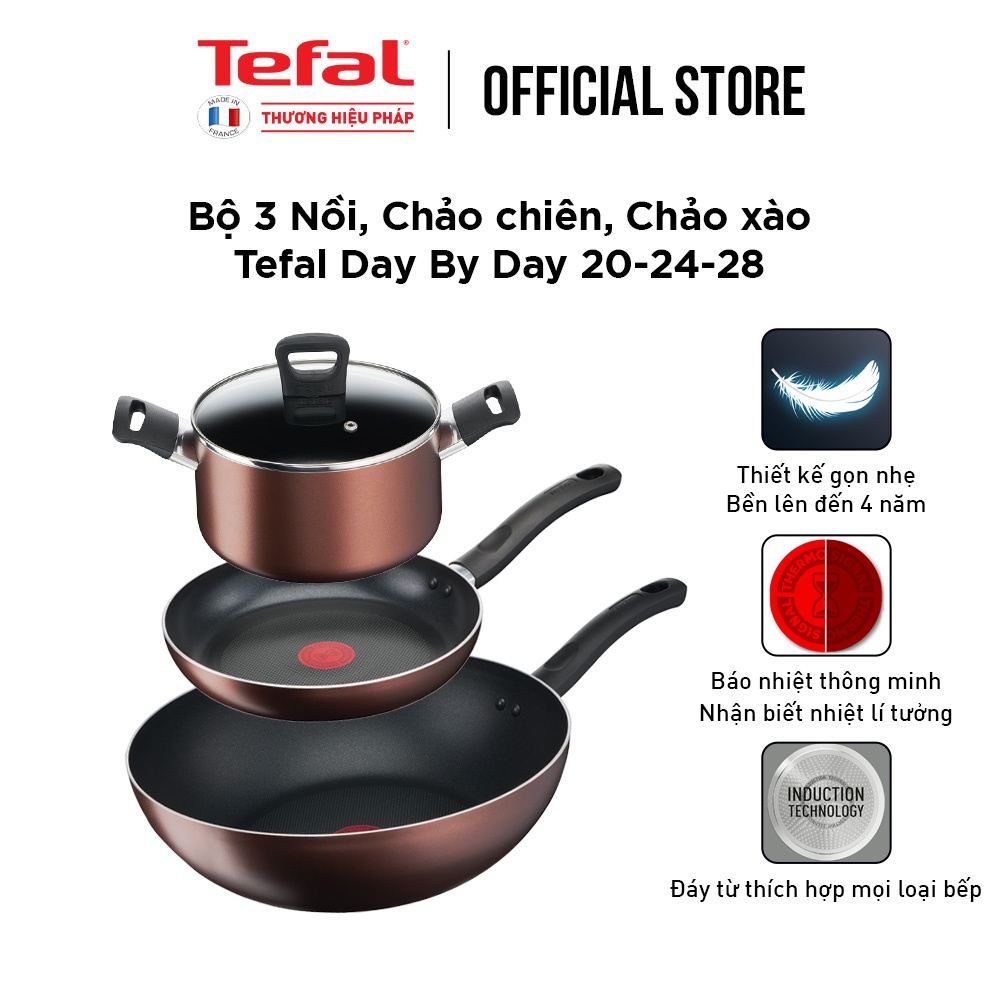 [LIFEMC11BPC -8% đơn 350K] Combo Tefal Day By Day Nồi 20 cm &amp; Chảo chiên 24cm &amp; Chảo xào 28cm