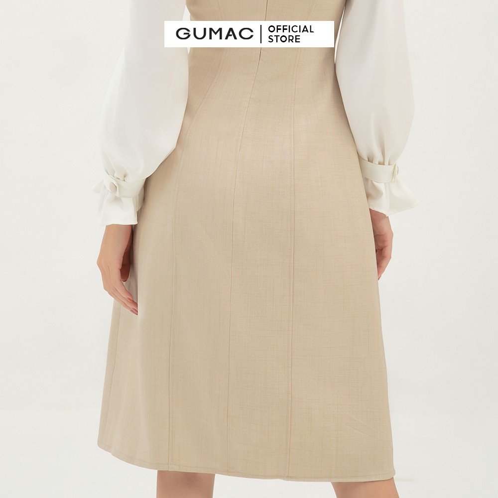 [Mã MABR07062 giảm 8% tối đa 50K đơn từ 249K] Đầm nữ ôm tay dài phối nút GUMAC màu be, đủ size, DB3108 | BigBuy360 - bigbuy360.vn