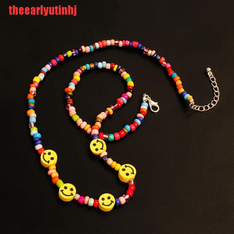 INHJ Bohemia Colorful Beads Smile Face Choker Necklace Clavicle Summer Jewelry Gift