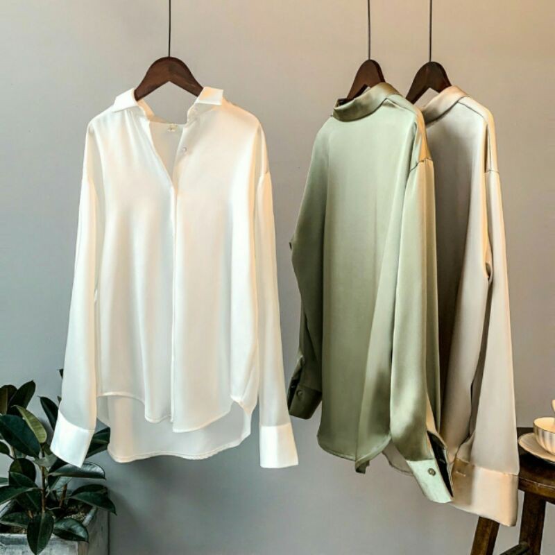 Áo sơ mi lụa satin dài tay dáng công sở hàng Quảng Châu đẹp (bigsize 3XL)