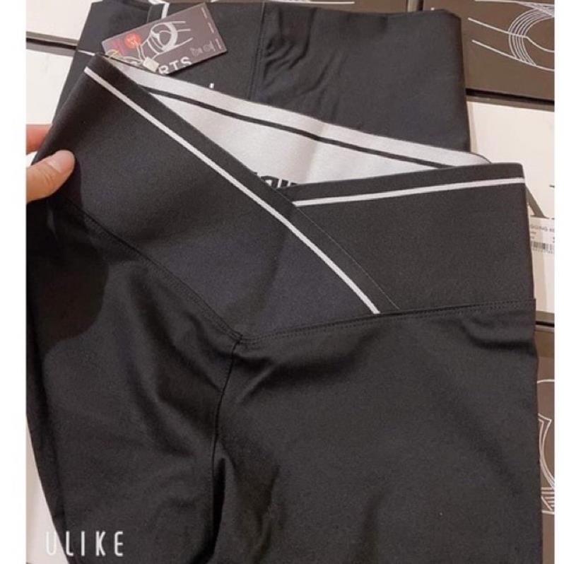 Quần legging nữ cạp cao viền sọc kẻ trắng vạt chéo gen bụng nâng mông dáng quần tregging dài ôm thun gân vải co giãn gym