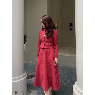 Set dạ tex áo vest và chân váy - đỏ hồng