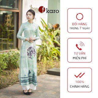 Áo dài truyền thống dài tay cổ hai phân in hình 3d màu xanh ngọc, chất lụa thượng hải co giãn nhẹ Fkaro MT104