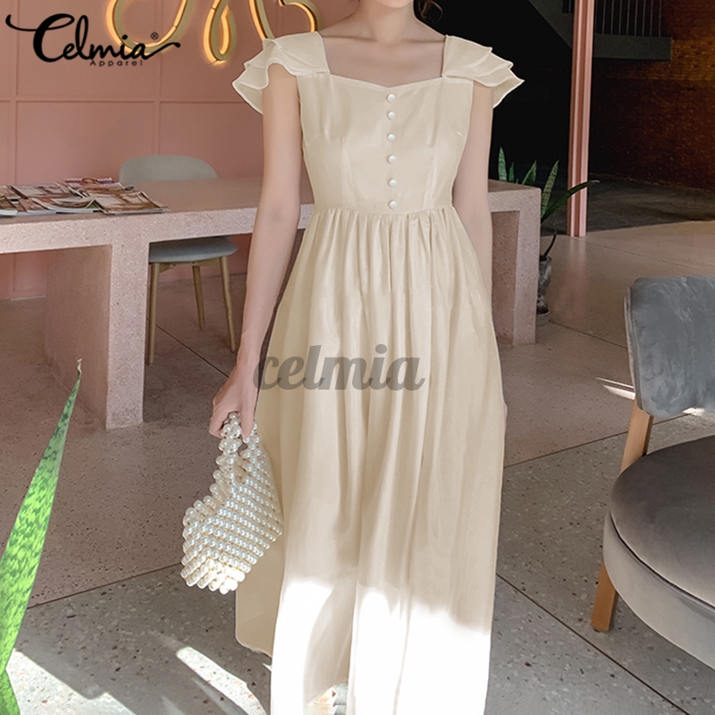 Đầm Celmia Dài Cổ Vuông Nút Trơn Vintage Thông Thường | BigBuy360 - bigbuy360.vn