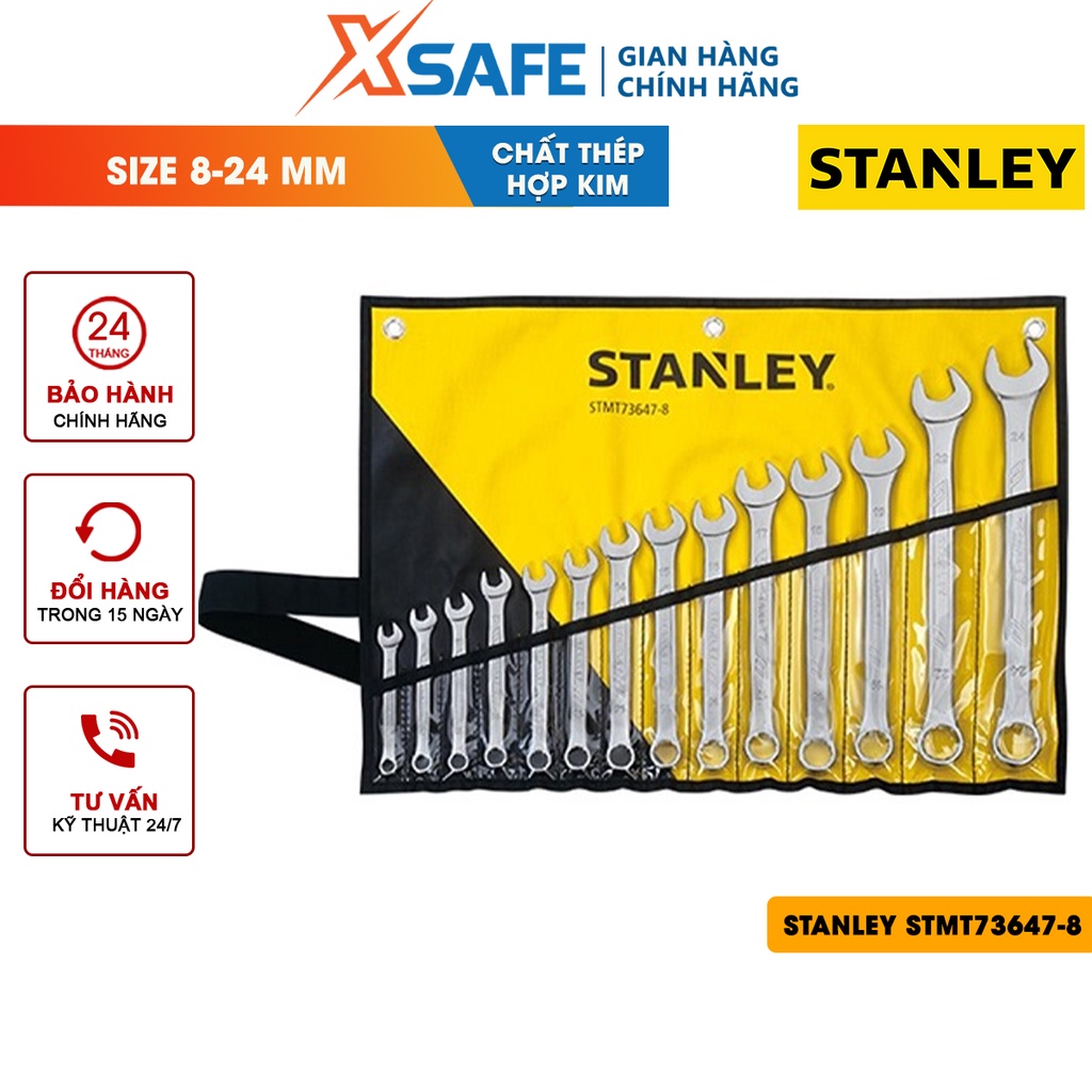 Cờ lê vòng miệng hệ MÉT STANLEY STMT73647-8 thép hợp kim cao cấp Bộ 14 cờ lê Stanley các size phổ biến, kèm túi đựng