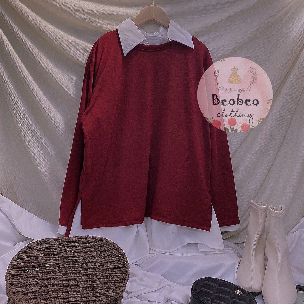 Set đầm sơ mi trắng tay dài kèm áo gile đỏ vintage