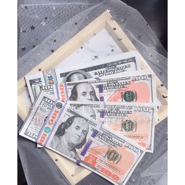 Set 20 tờ Giấy ẩn gel hình tờ đô_ Đô la nail ẩn móng tay gel, bột