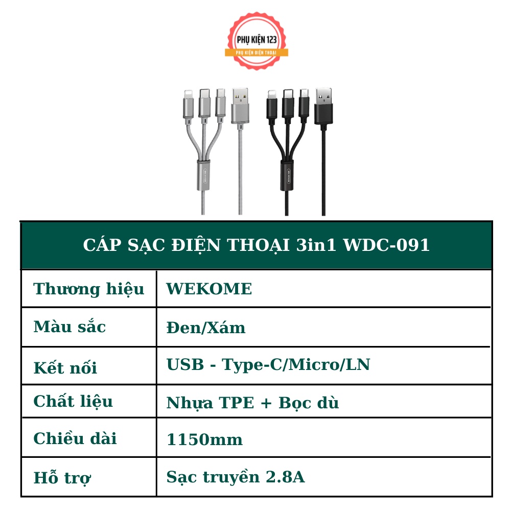 Dây cáp sạc 3in1 đa năng Wekome WDC-091 dây dù cao cấp tương thích mọi thiết bị