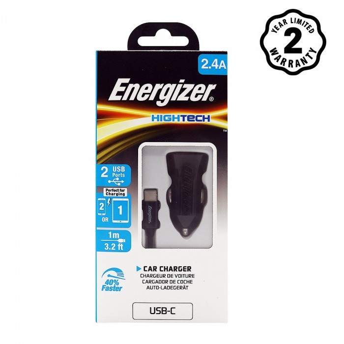 Sạc Ô Tô Energizer 2.4A 2USB + Kèm cáp USB Type-C 2.0 - DCA2BHC23