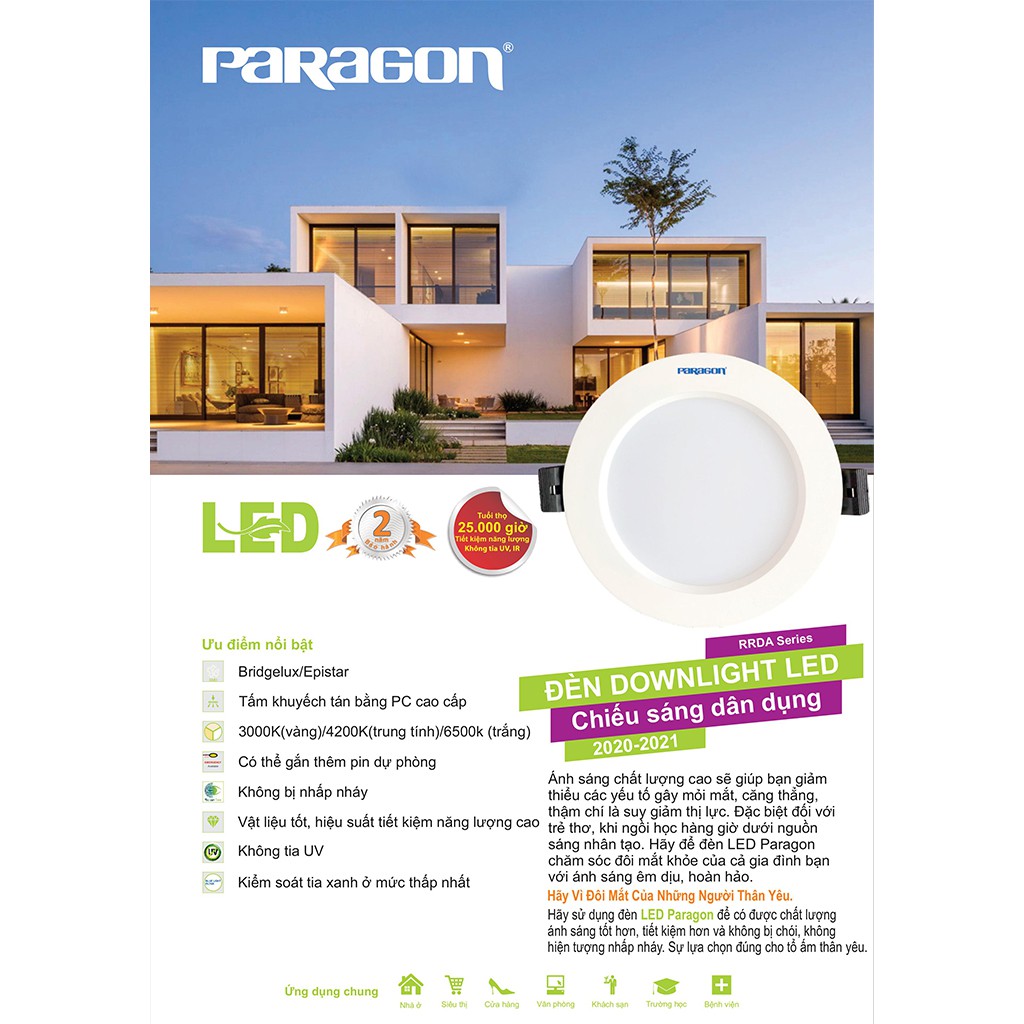 Combo 5 Bộ Đèn LED Downlight Dân Dụng Đổi Màu Paragon 7W RRDA120L7/CCT – 9W RRDA145L9/CCT – 12W RRDA170L12/CCT Led 3 Màu