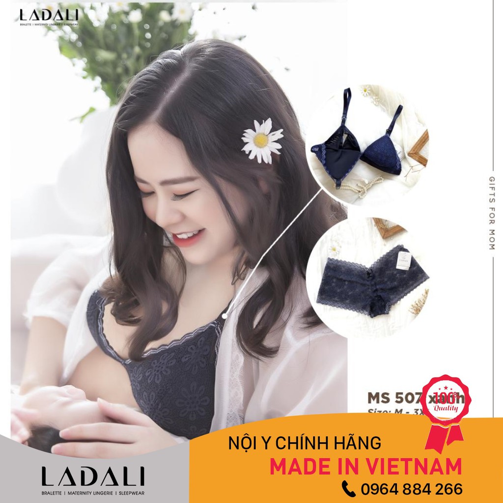 Áo lót ren mở nắp cho bé bú sau sinh, bra cho bà bầu chống chảy xệ + Quần lót bầu - S507 Xanh