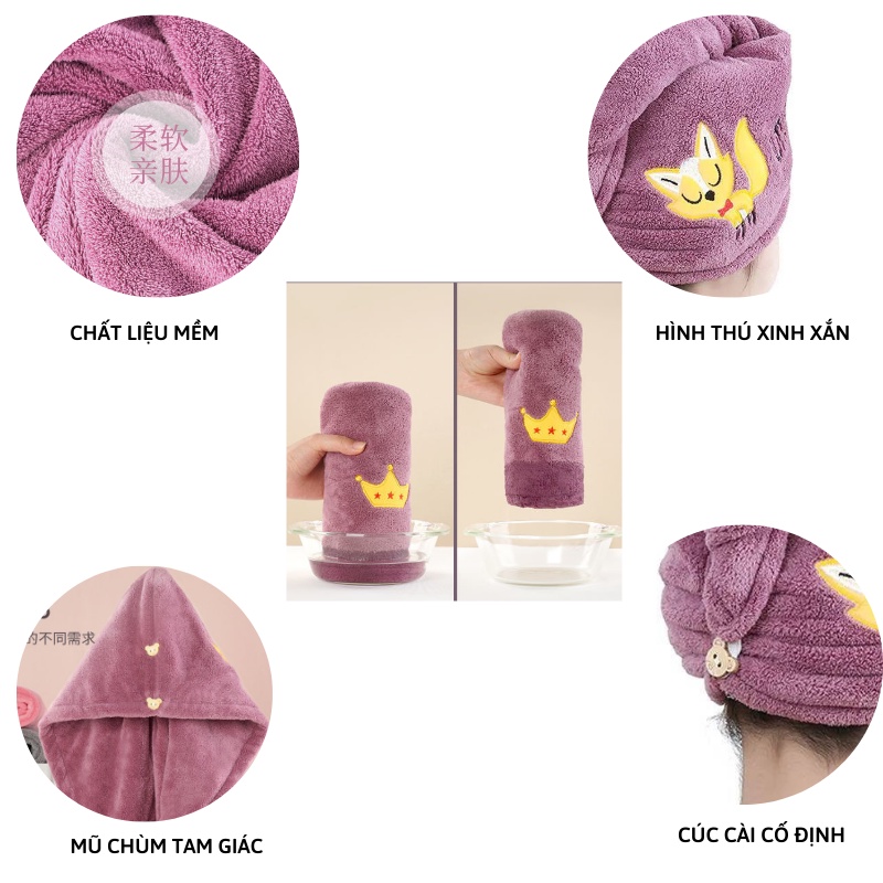 Khăn quấn ủ tóc nhanh khô chất liệu bông có nút cài mềm mại thấm hút tốt siêu tốc Miibooshi P.312.HO