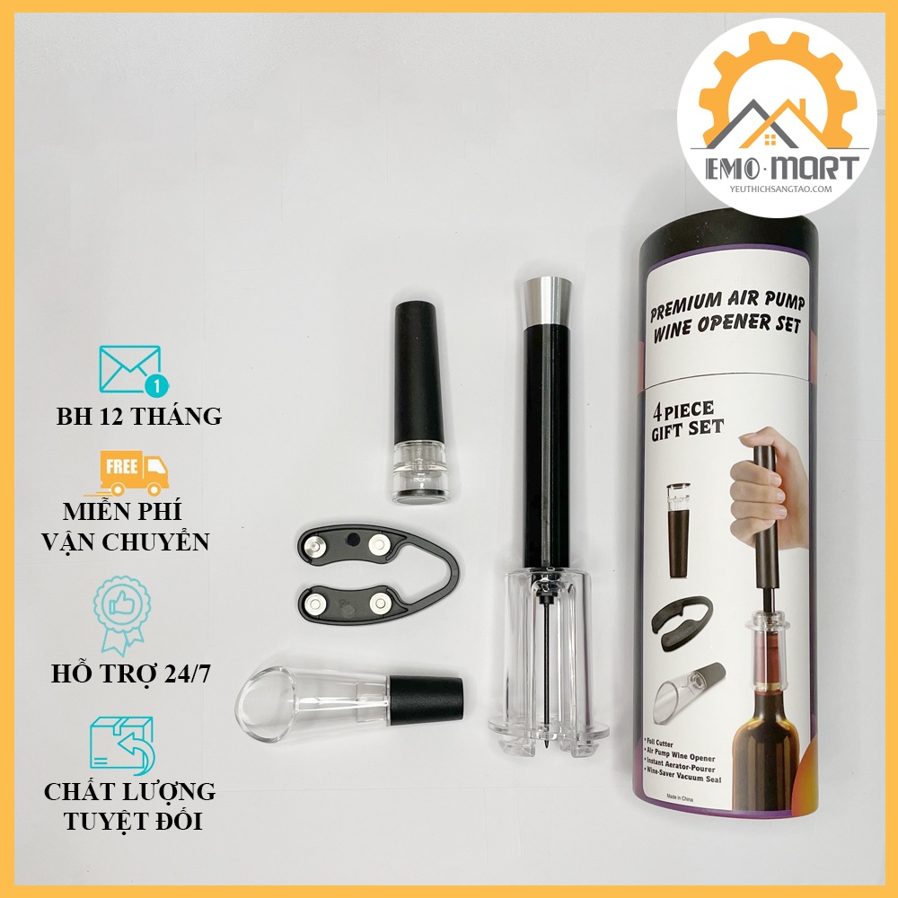 ⚡️𝐅𝐑𝐄𝐄 𝐒𝐇𝐈𝐏⚡️ Bộ mở chai vang áp lực 4in1 ⚡️ Fullbox - Đồ cắt nắp chai - Đồ mở - Phễu rót - Nút chân không