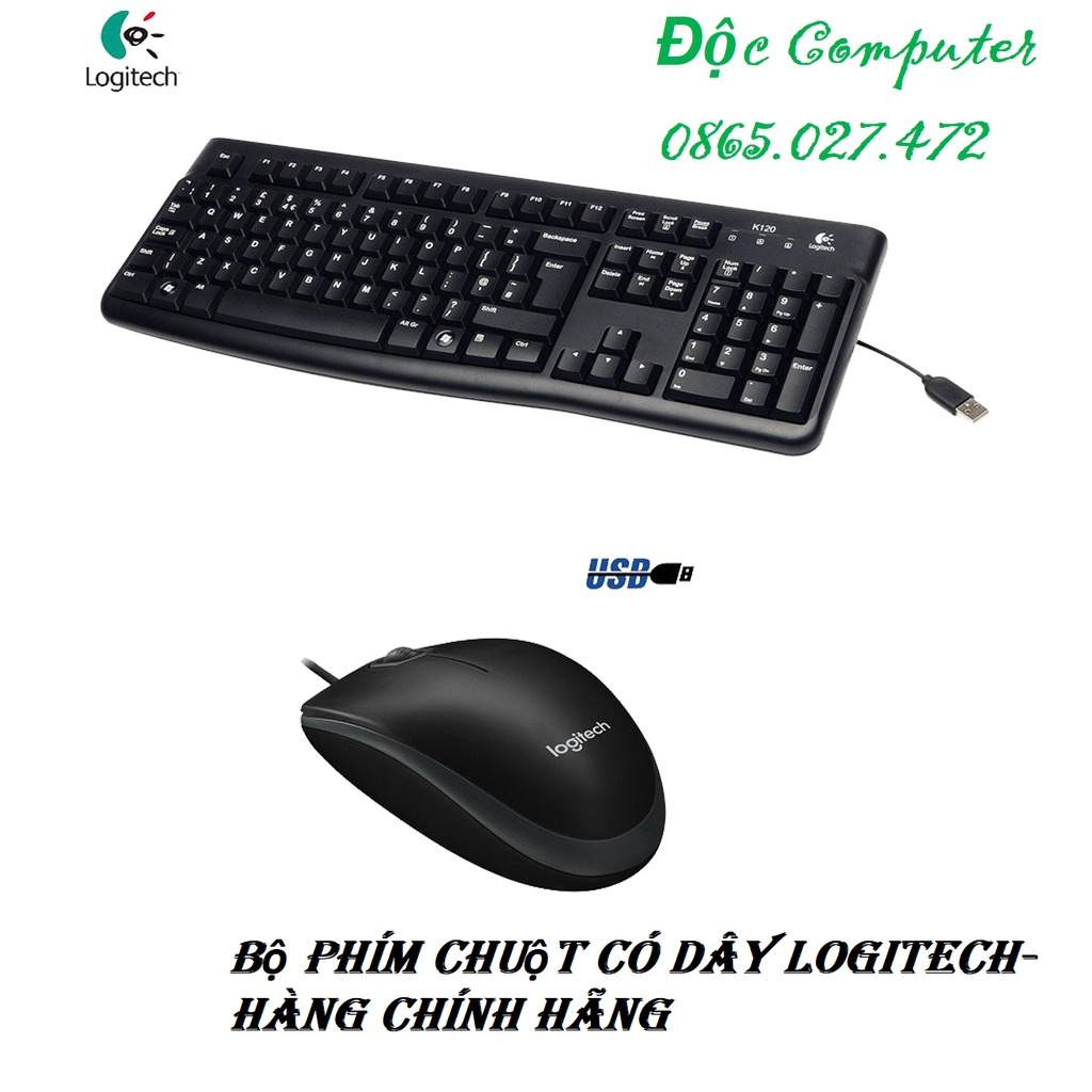 Combo Bộ Phím Chuột Logitech K120 + B100 có dây (Đen) - Chính hãng Bảo hành 36 Tháng