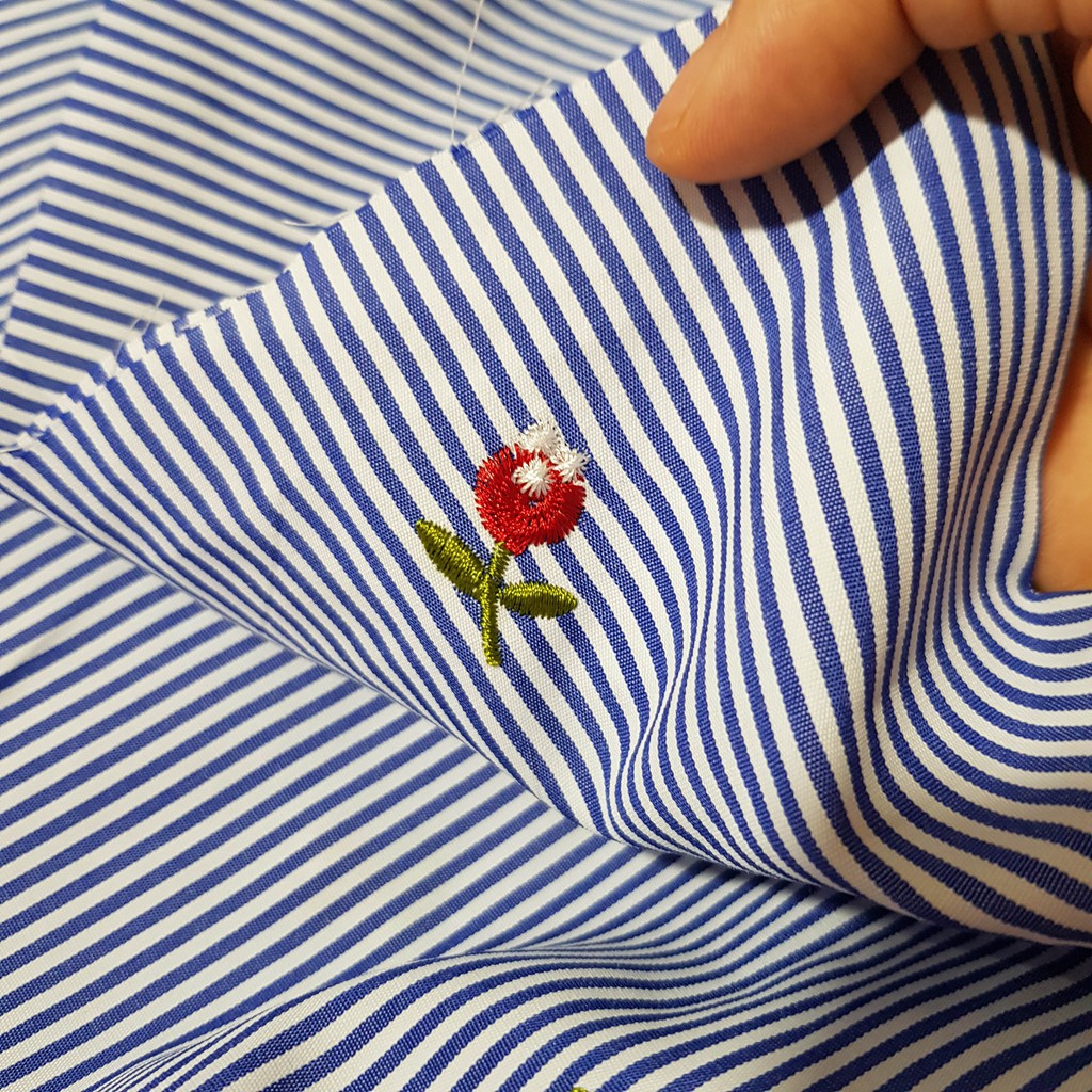 Vải kẻ xanh thêu hoa vải may áo sơ mi chất đẹp mềm mát 100x150cm, Maihoaflower