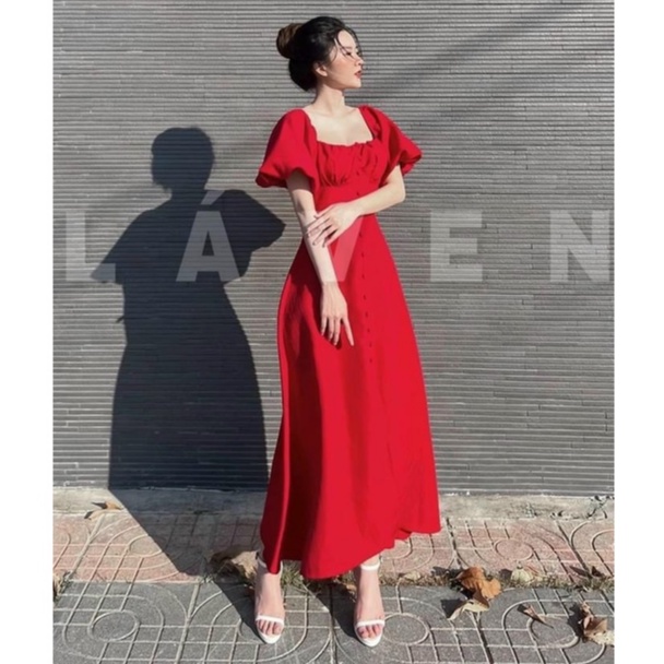 Váy đầm nữ dáng xòe tay phồng phối hàng nút sẻ tà (có mút ngực)