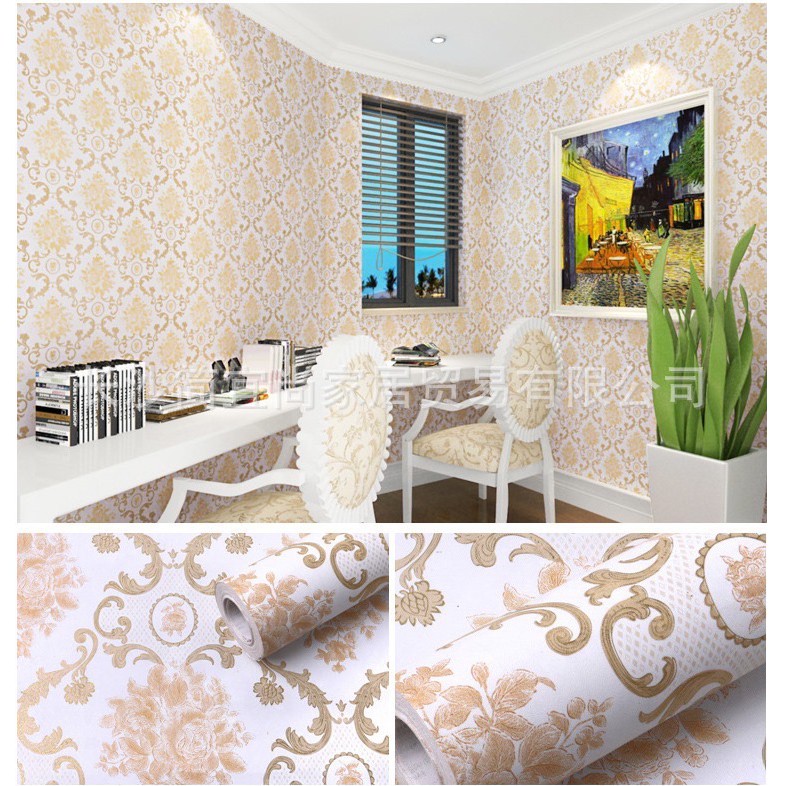 Giấy dán tường cuộn 10m  Hoa văn vàng  ⚡️RẺ VÔ ĐỊCH ⚡️ chất liệu  PVC sợi tổng hợp chống thấm, chống ẩm mốc