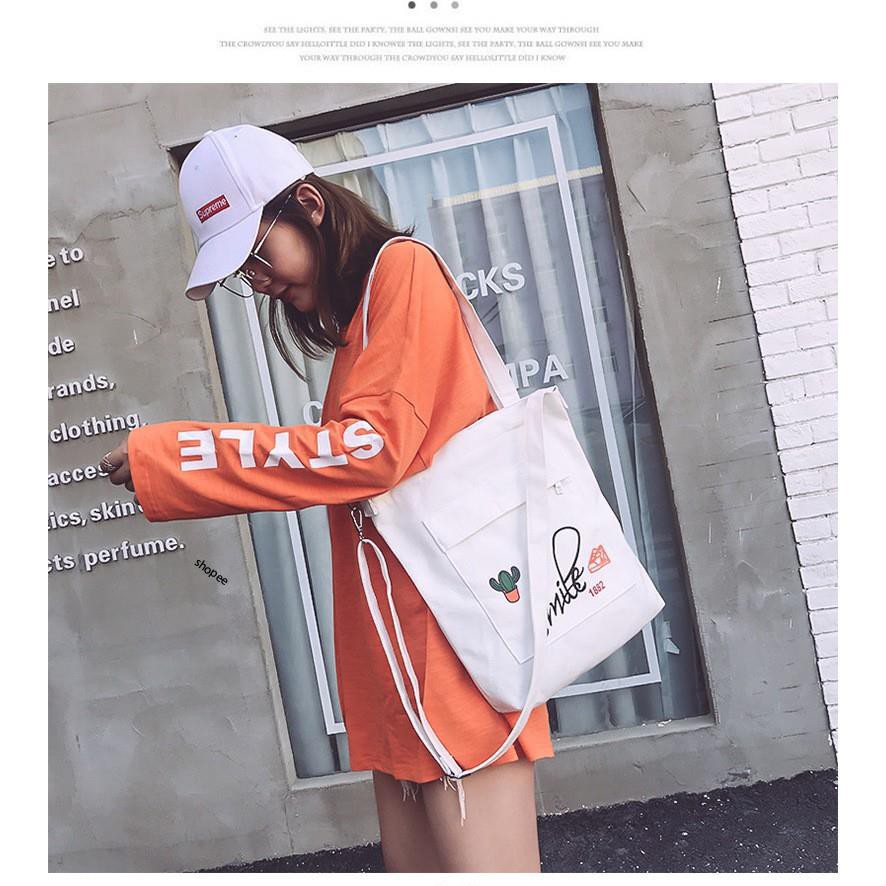FTTY TÚI TOTE, TÚI VẢI ĐEO VAI NỮ SMILE XƯƠNG RỒNG 1998 SIZE to đựng VỪA A4 AT78 1
