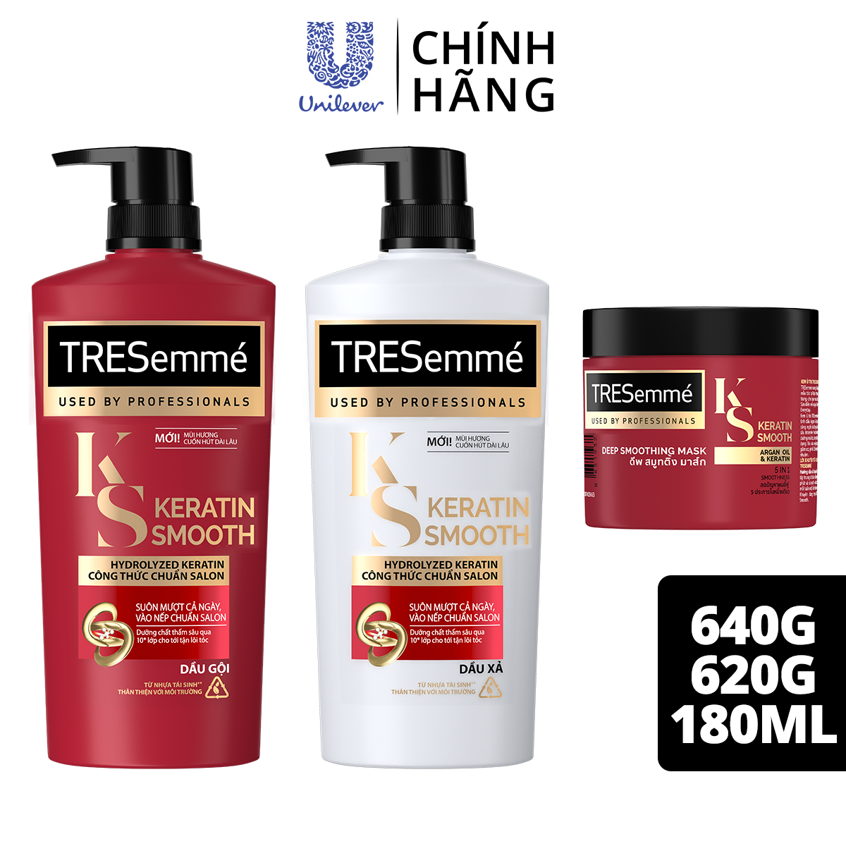 Combo Gội 640g, Xả 620g & Ủ 180ml TRESemmé Keratin Smooth với Dầu Dưỡng tóc Argan & Keratin Vào Nếp Suôn Mượt