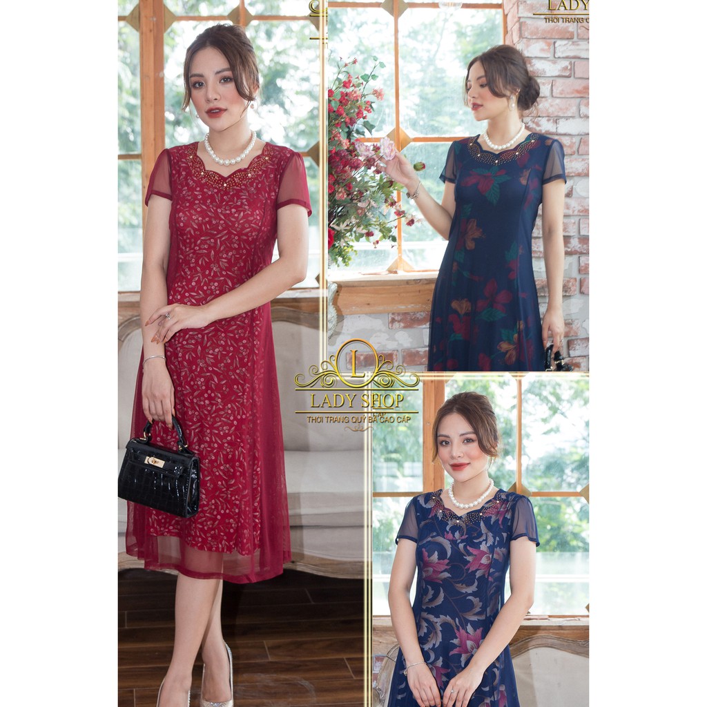 VÁY QUÝ BÀ TRUNG NIÊN CAO CẤP - LADYSHOP - Đầm 2 lớp xanh hoa dâm bụt cổ đá TK480 | BigBuy360 - bigbuy360.vn