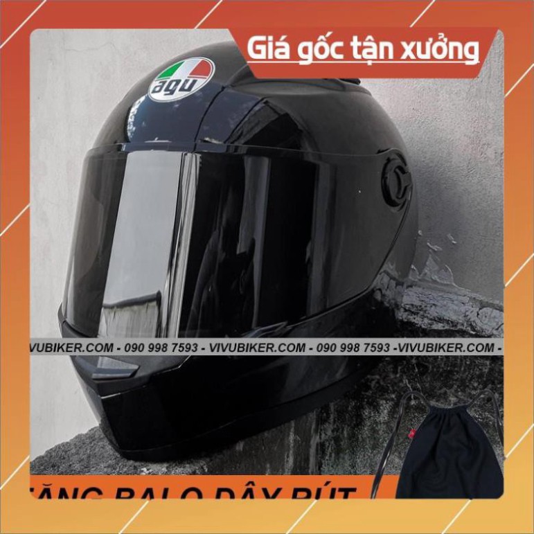 KHO SG- Mũ Fullface AGU đen bóng tặng kèm balo dây rút - Mũ bảo hiểm Fullface AGU đen bóng kính đen siêu ng