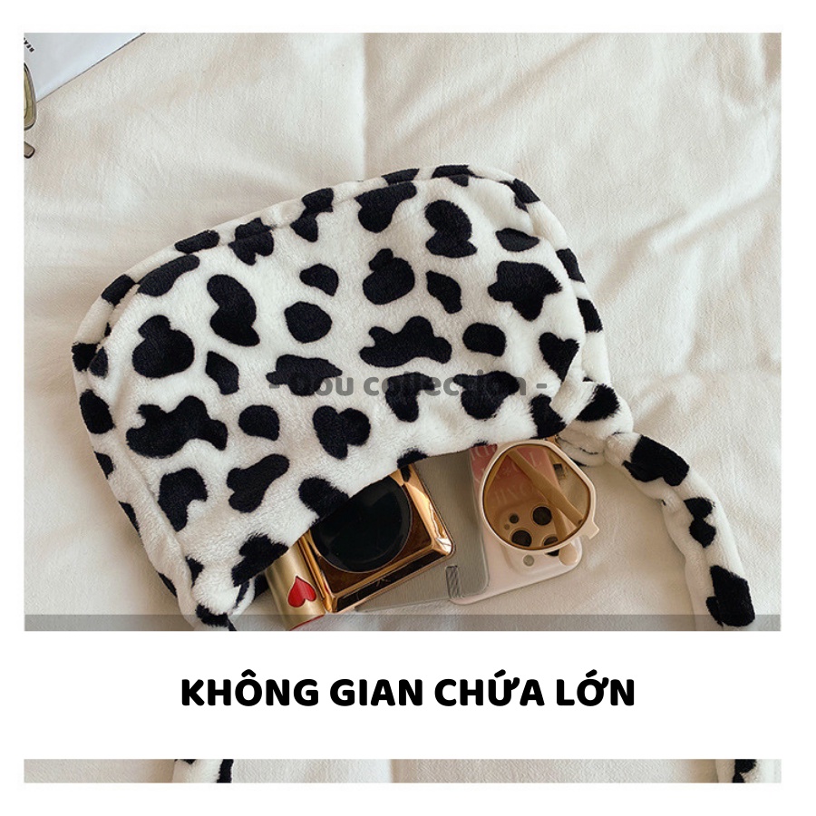 [NowShip2h] Túi Xách Lông Kẹp Nách (Túi Toe) Đeo Vai Họa Tiết Da Báo &amp; Bò Sữa Thời Trang Thu Đông - Mã XT052