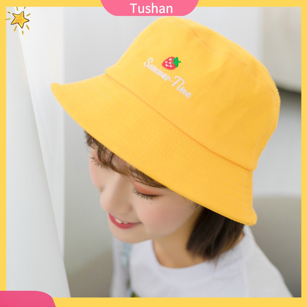 Mũ vành nhỏ vải cotton thoáng mát thêu chữ và hình quả dâu thời trang