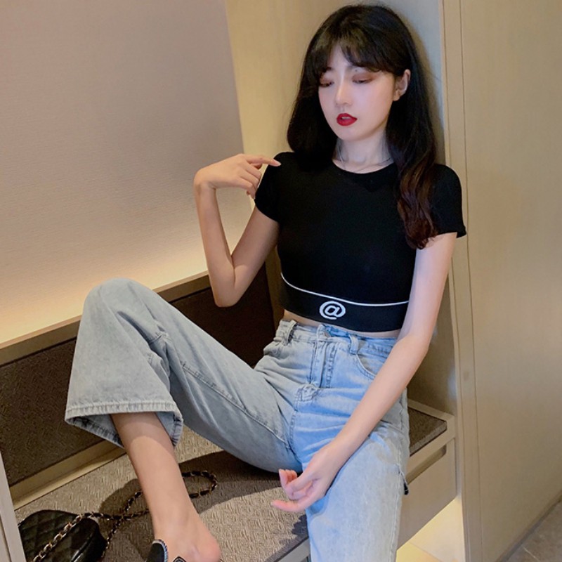 Áo thun crop top cổ tròn tay ngắn in họa tiết chữ dành cho nữ