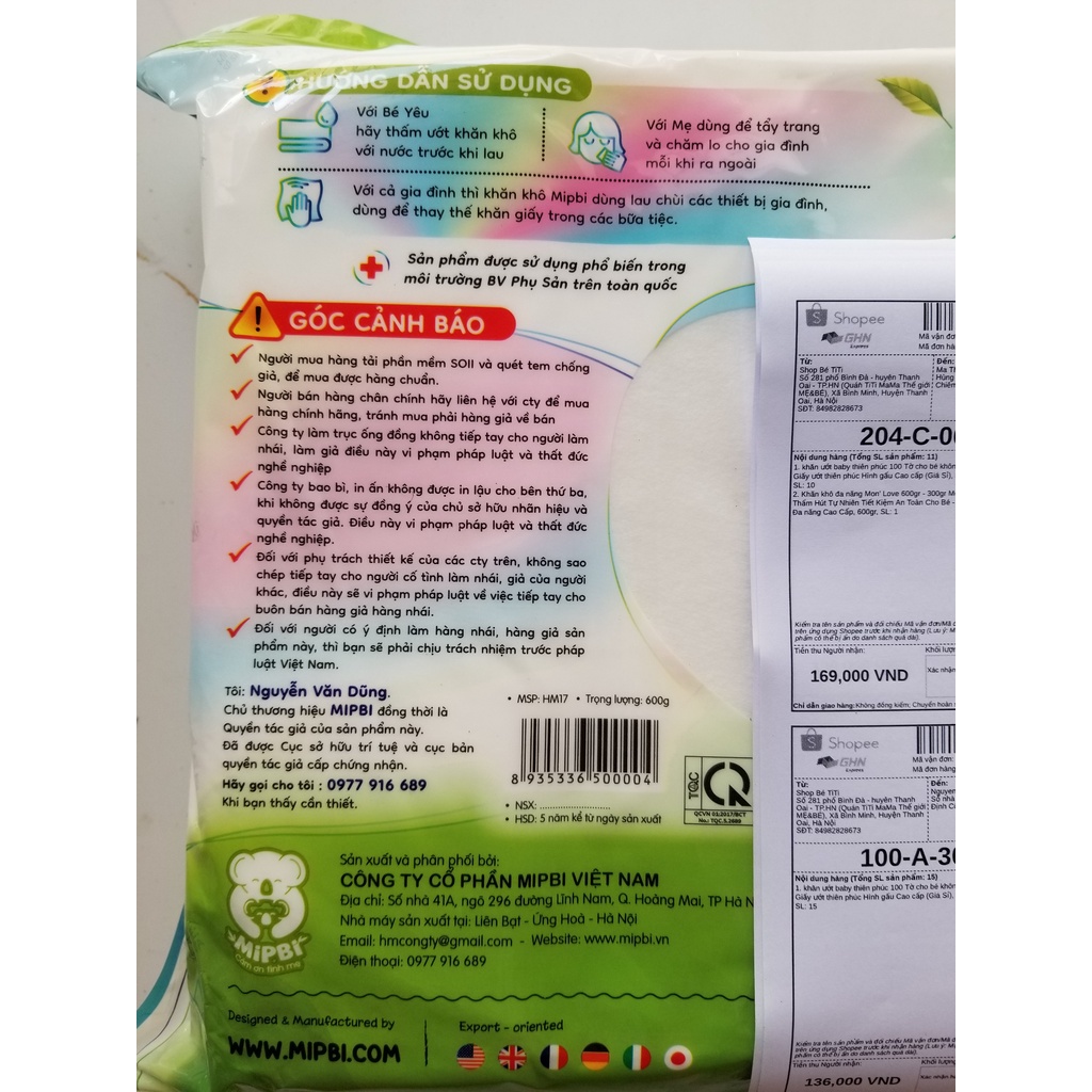 Khăn khô đa năng MIPBI 600gr Mềm Mịn Thấm Hút Tự Nhiên Tiện Lợi Tiết Kiệm An Toàn Cho Bé - Khăn vải Đa năng Cao Cấp