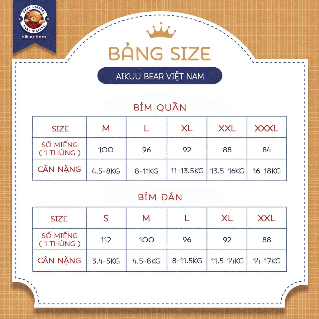 [Thùng]Tã Bỉm AIKUU BEAR Dán/Quần đủ size S112,M100/M100,L96,XL92,XXL88,XXXL84 siêu mềm mỏng