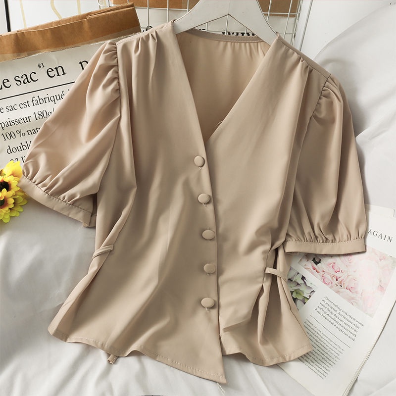 Áo kiểu BH tay phồng cổ chữ V độc đáo phong cách Pháp thời trang mùa xuân cho nữ 2022