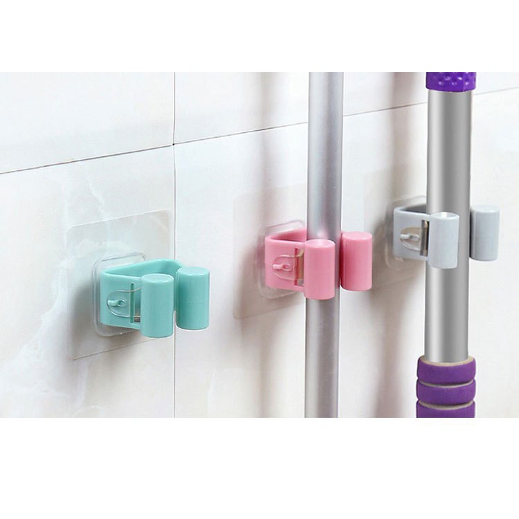 Móc dán tường kẹp giữ cây lau nhà, móc treo chổi chịu lực bằng nhựa nhiều màu sắc