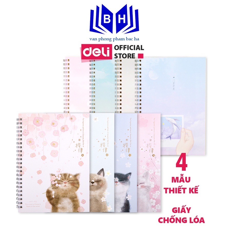 ( BẮC HÀ ) Sổ tay ghi chép A5 gáy xoắn 60 trang Deli - Kẻ ngang - Bìa họa tiết Hoa / Mèo / Cá - LA560